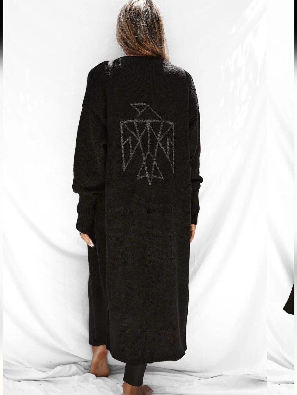 All Things Golden The Signature Cardigan Long Open Front Bird Black One Size